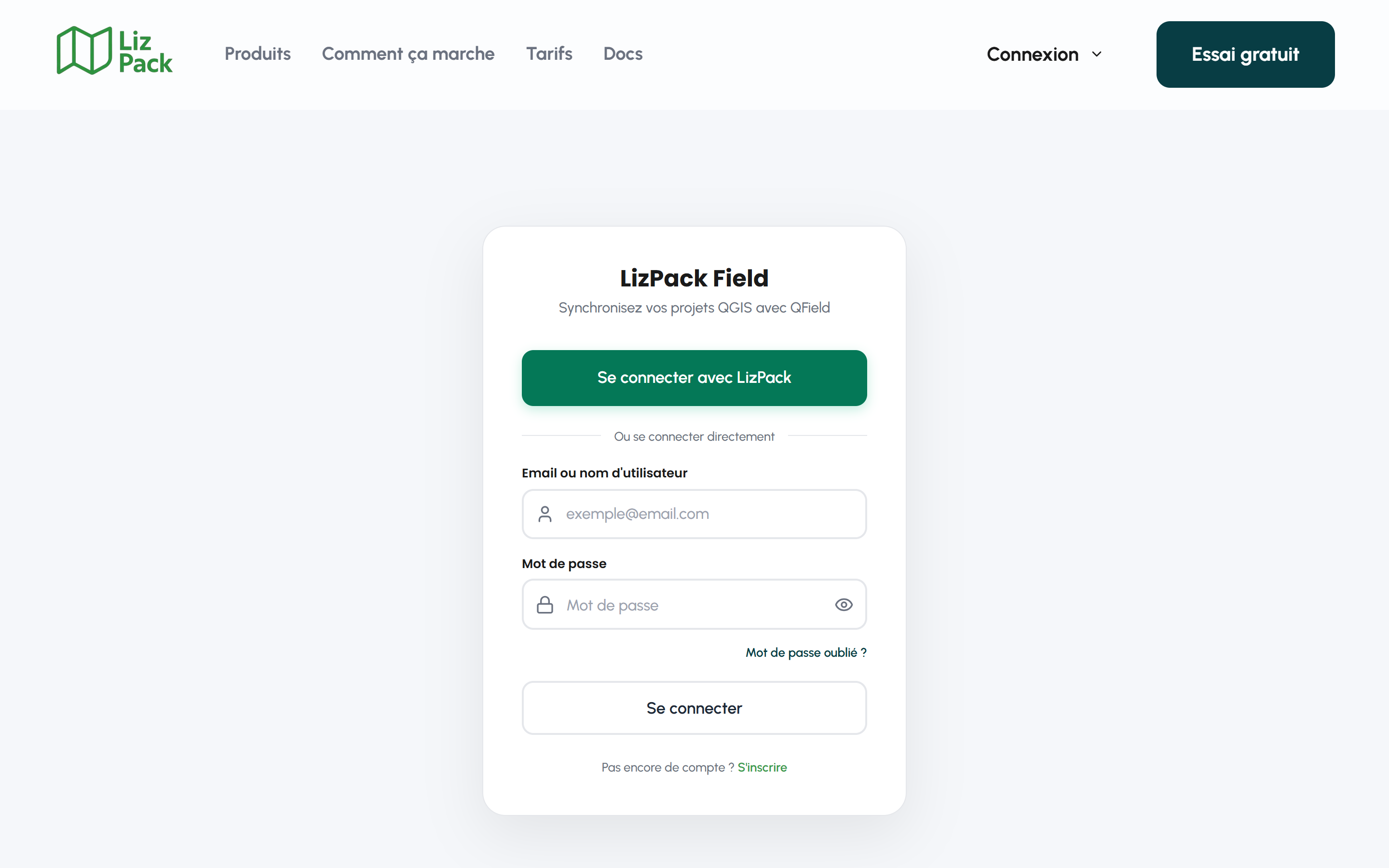 Écran de connexion de LizPack Field
