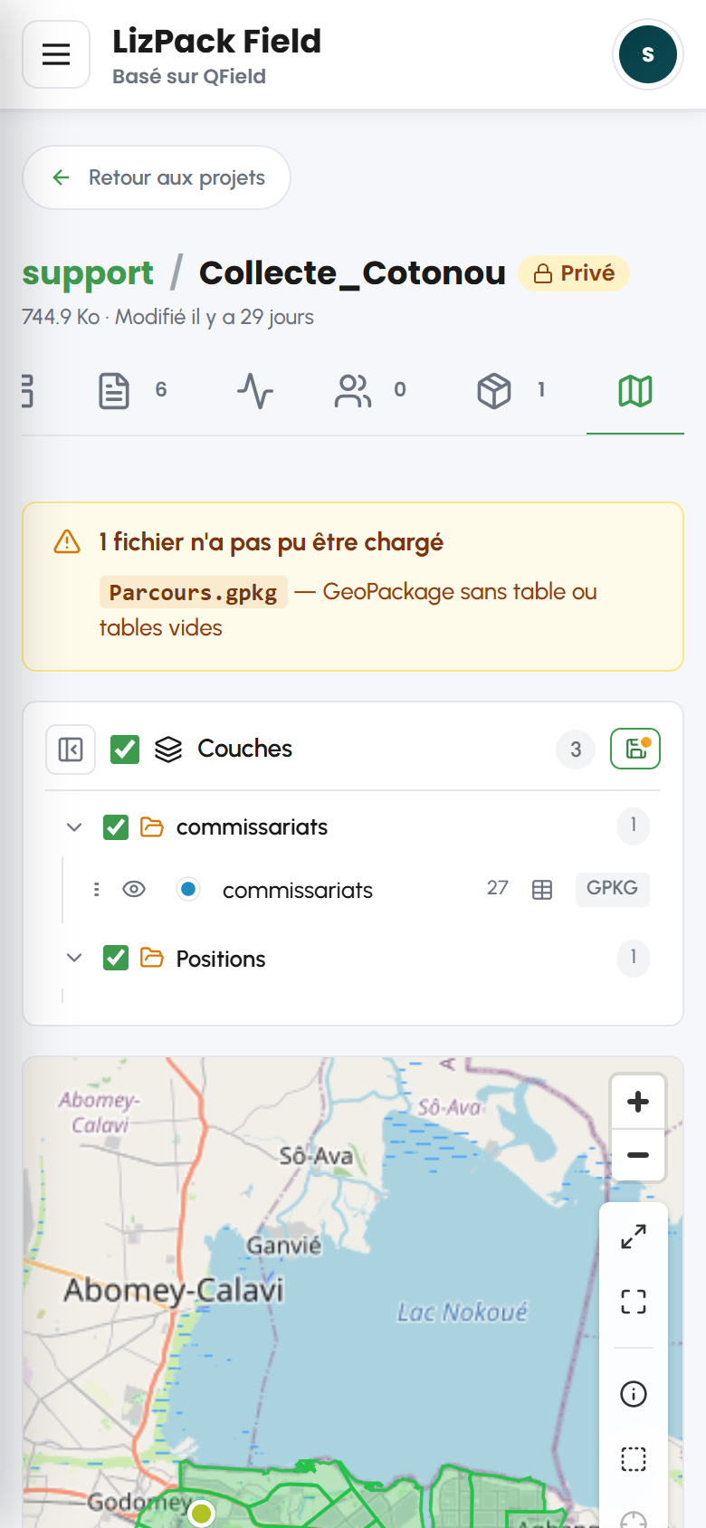 Onglet Carte d'un projet sur mobile