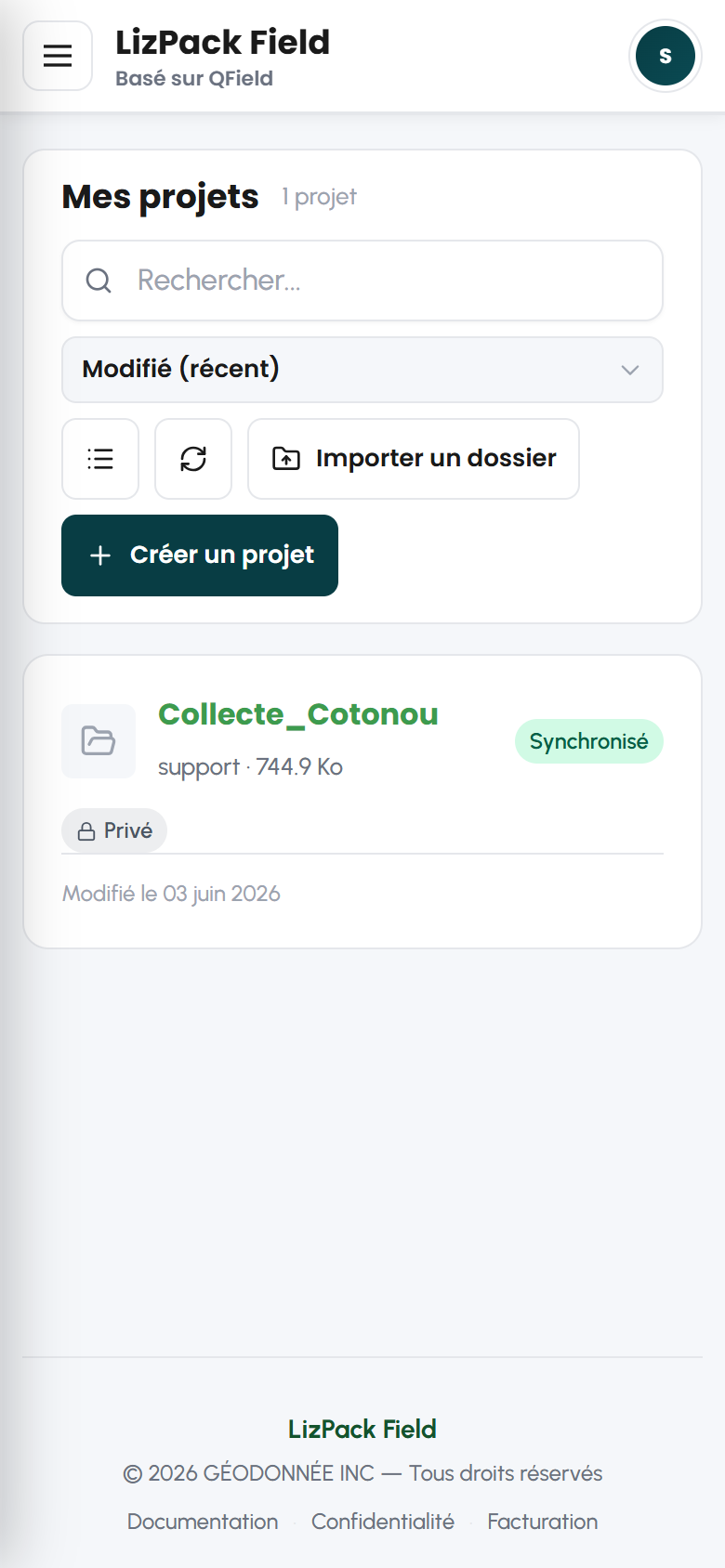 Liste des projets sur mobile