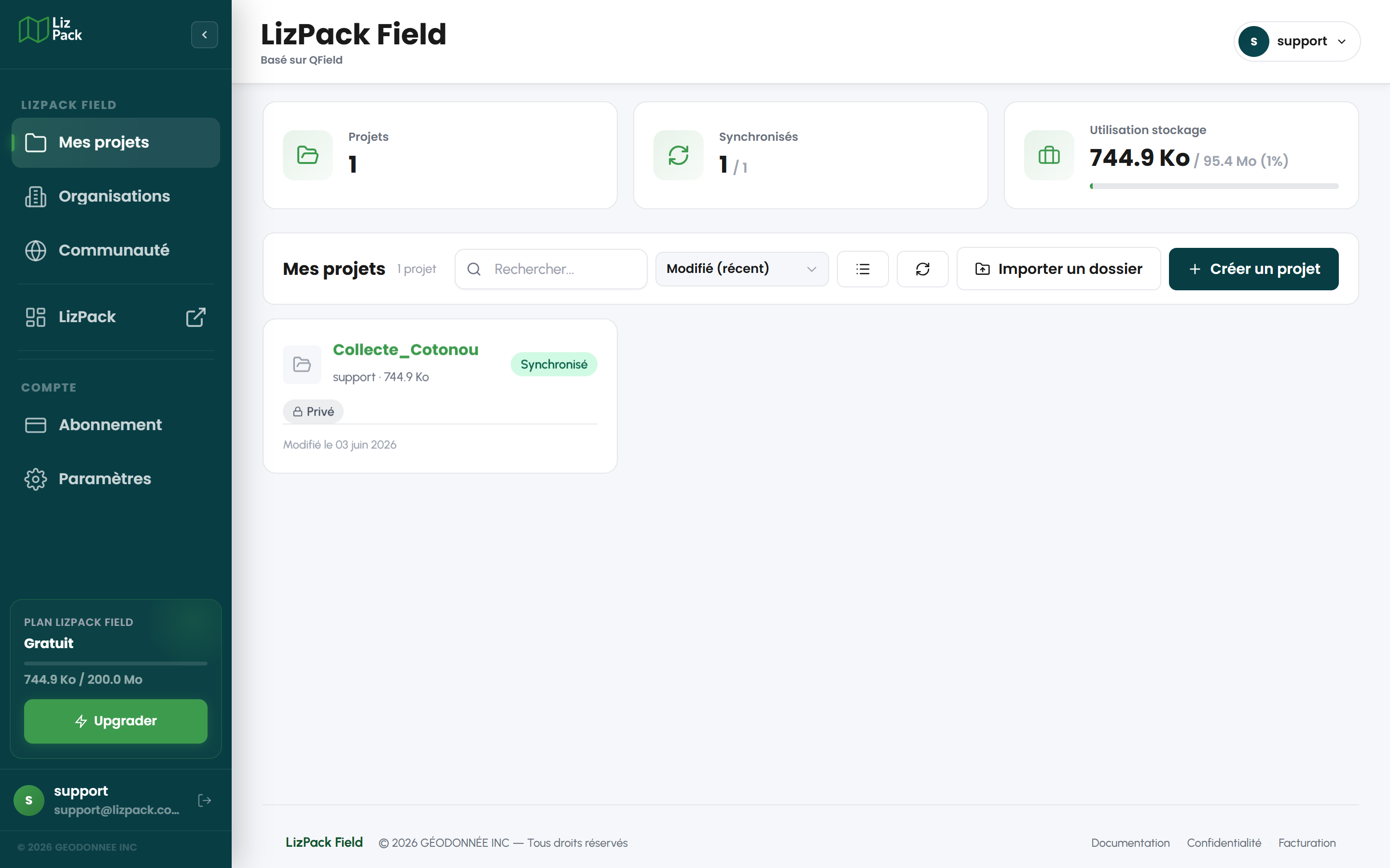 Tableau de bord LizPack Field affichant la liste des projets