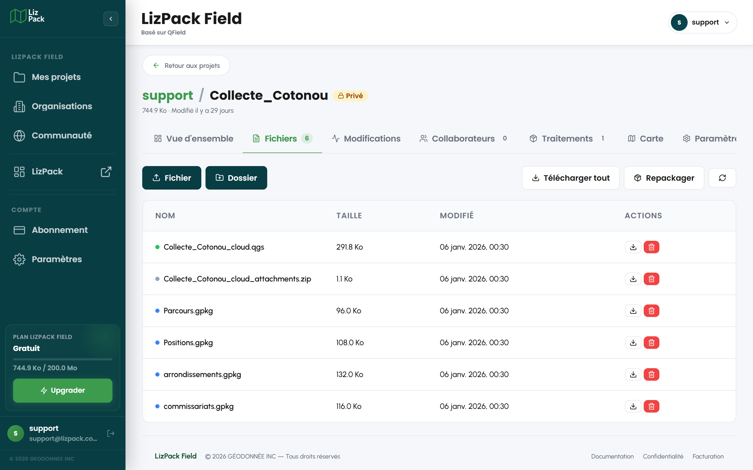 Onglet Fichiers listant le projet QGIS et les couches GeoPackage