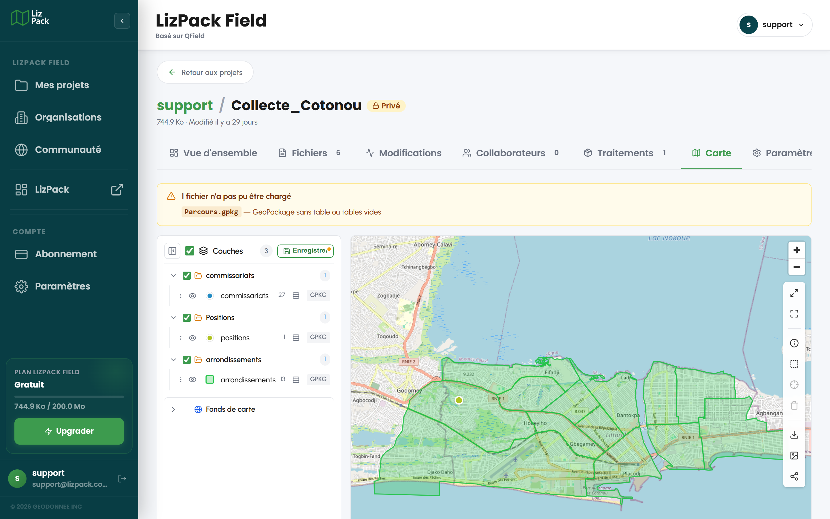 Onglet Carte affichant les couches d'un projet sur Cotonou